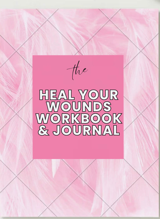 Cover of 'The Heal Your Wounds Workbook & Journal' with pink text box on a pink geometric patterned background